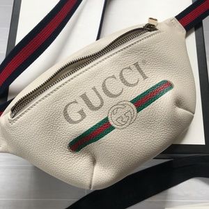 White Leather Gucci Print Small Belt Bag